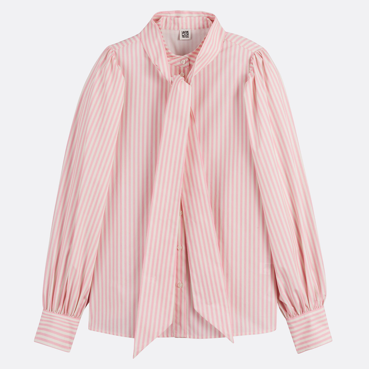 Striped pussy bow blouse with long sleeves pink/white striped, LA REDOUTE COLLECTIONS