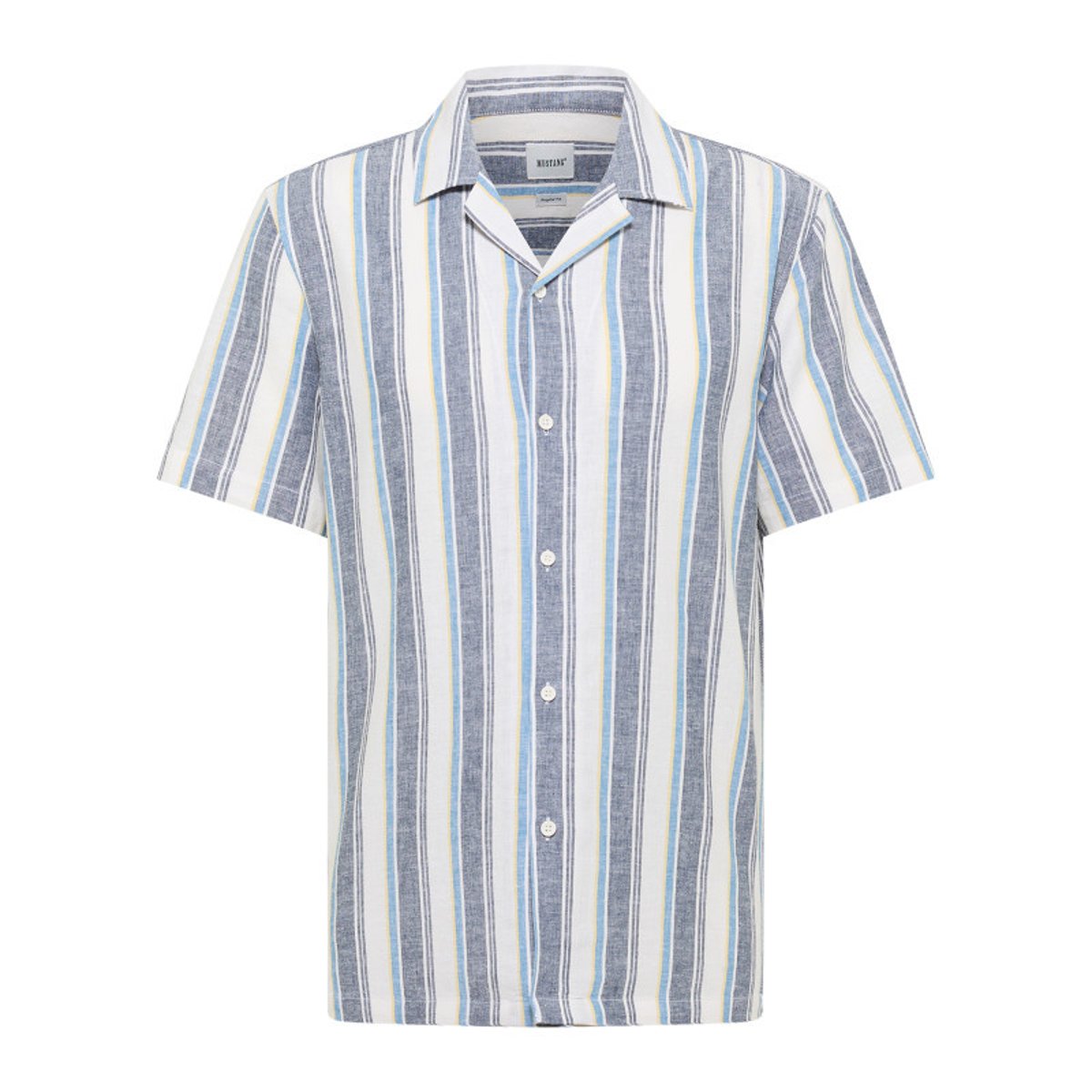 Chemise manches courtes en lin et coton bleue rayée avec un col cubain bleue, MUSTANG
