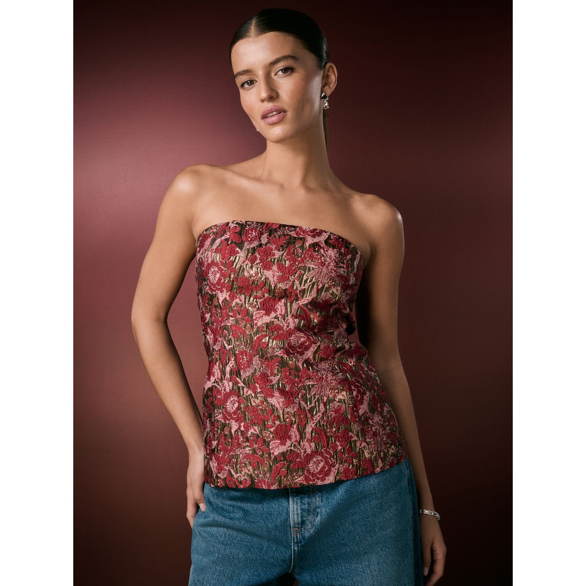 Haut bandeau long en jacquard métallisé floral rose/rouge, NEXT