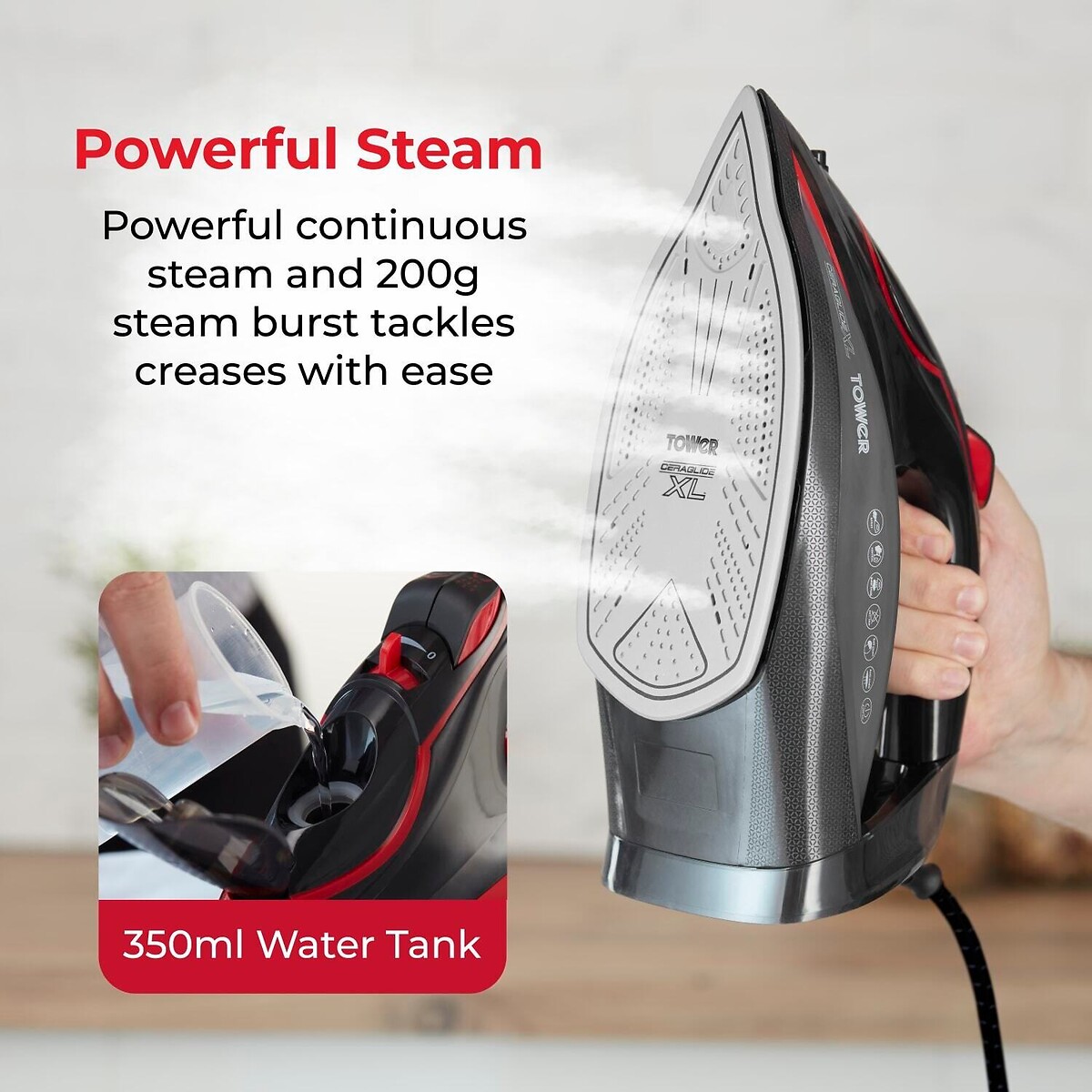 3100W Ceraglide Steam Iron with XL Soleplate - T22032 red, TOWER