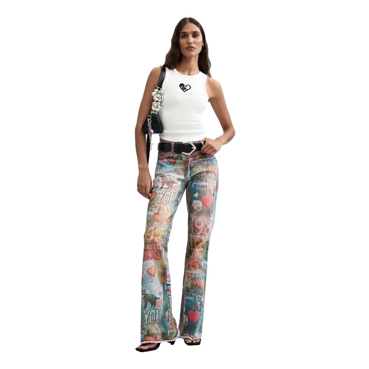 Pantalon jean flare imprimé bleu clair, DESIGUAL