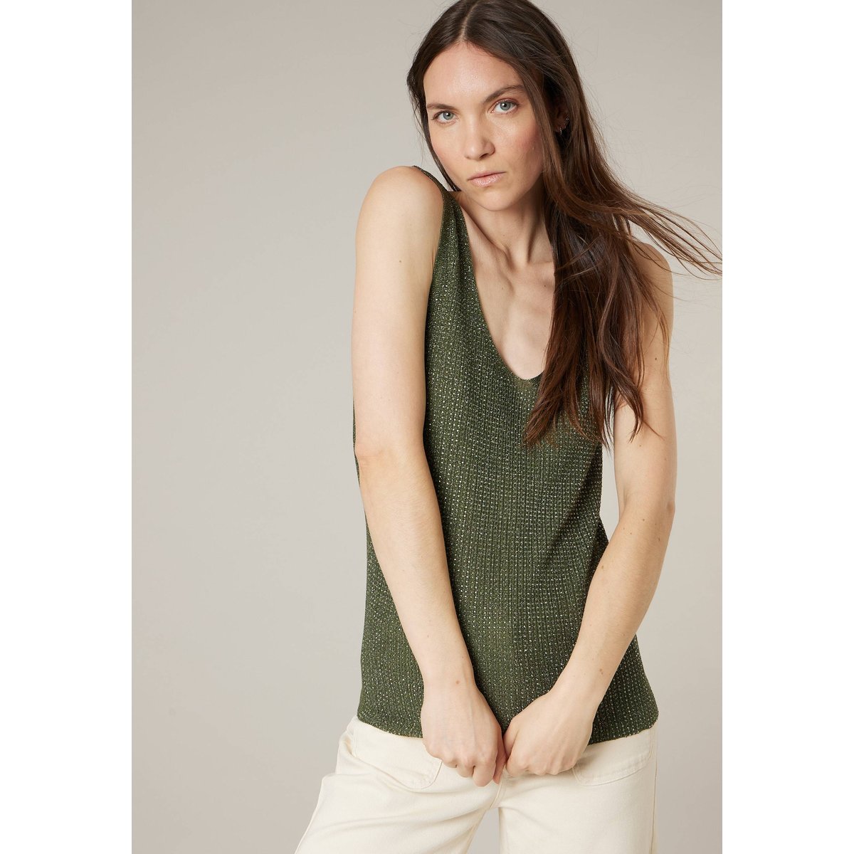 Débardeur femme en maille fantisie  SHINE khaki, DEELUXE