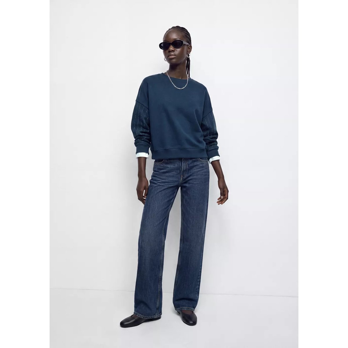 Sweat en coton avec détail stress sur les manches bleu marine, MANGO TEEN