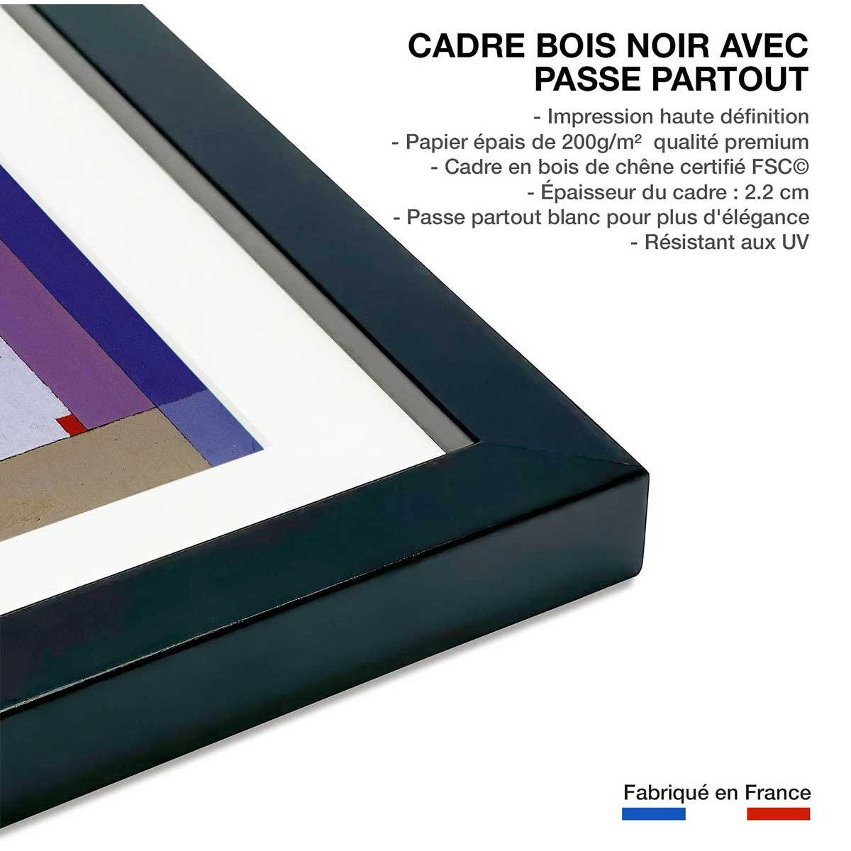 Poster Colds Stripes par Wassily Kandinsky affiche + cadre en bois - noir, HEXOA