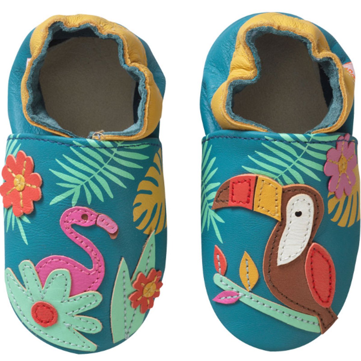 Chaussons bébé cuir souple Soizic sous les tropiques bleu, TICHOUPS