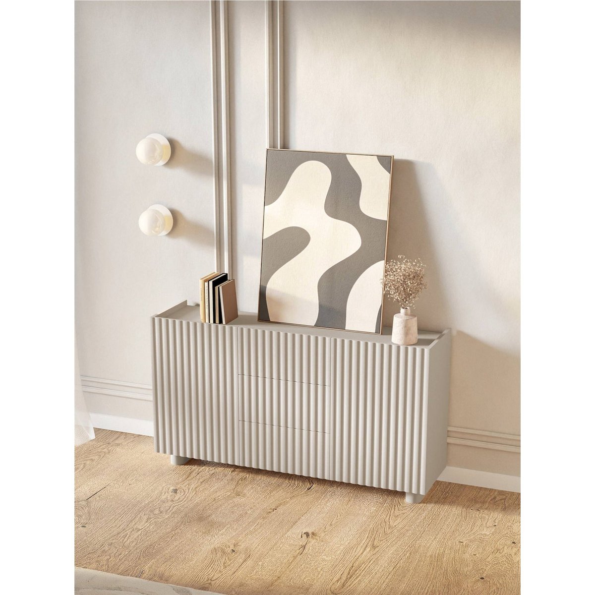 Commode bois à façades rainurées FIORRA beige cachemire, RECOLLECTION