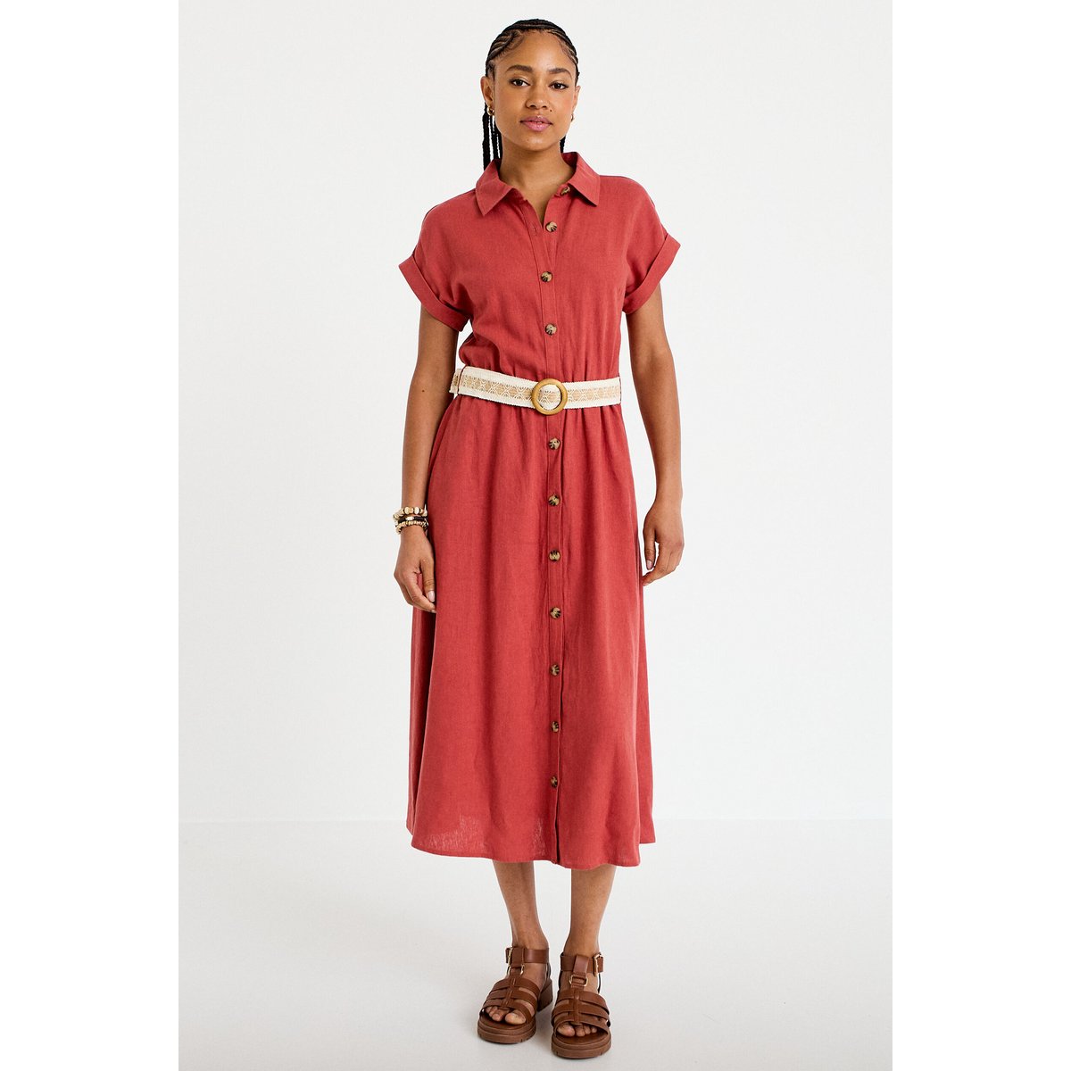 Robe évasée avec ceinture amovible vieux rose, CACHE CACHE