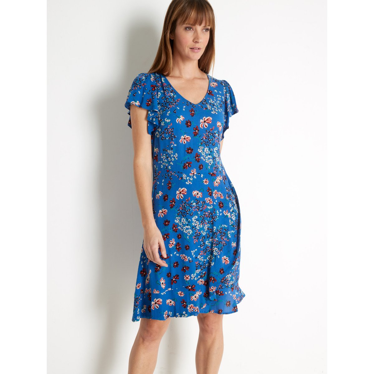 Robe volantée encolure V imprimé bleu, DAXON