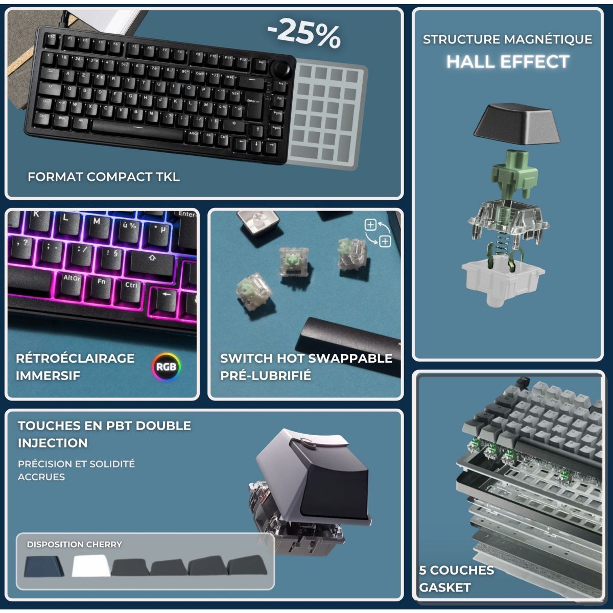 Clavier gamer KEYZ ELITE 300 HE B Magnetique couleur unique, THE G-LAB
