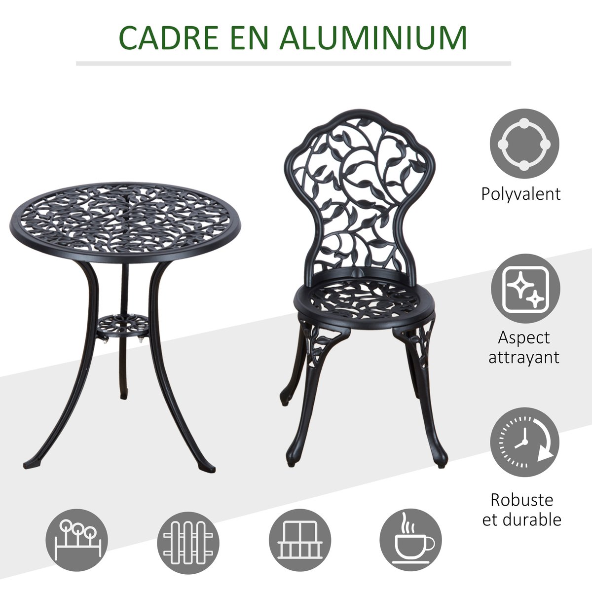 Ensemble salon de jardin 2 places avec table ronde style rétro fonte alu noir noir, OUTSUNNY