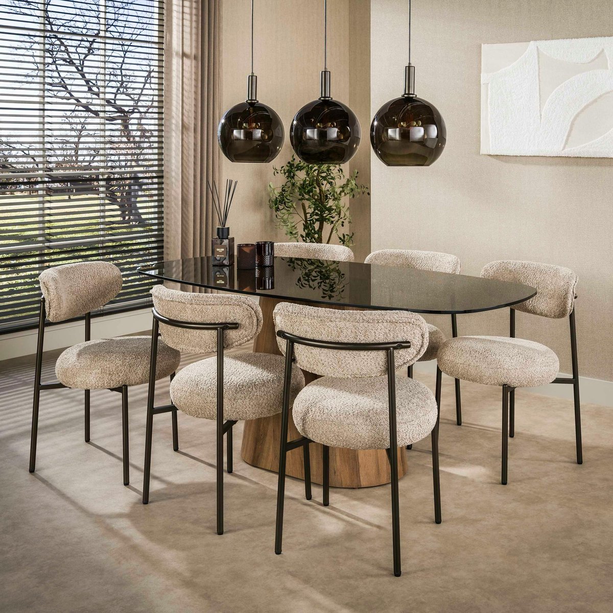 Table à manger en verre fumé design ovale organique 180 cm MILOS marron, PIER IMPORT