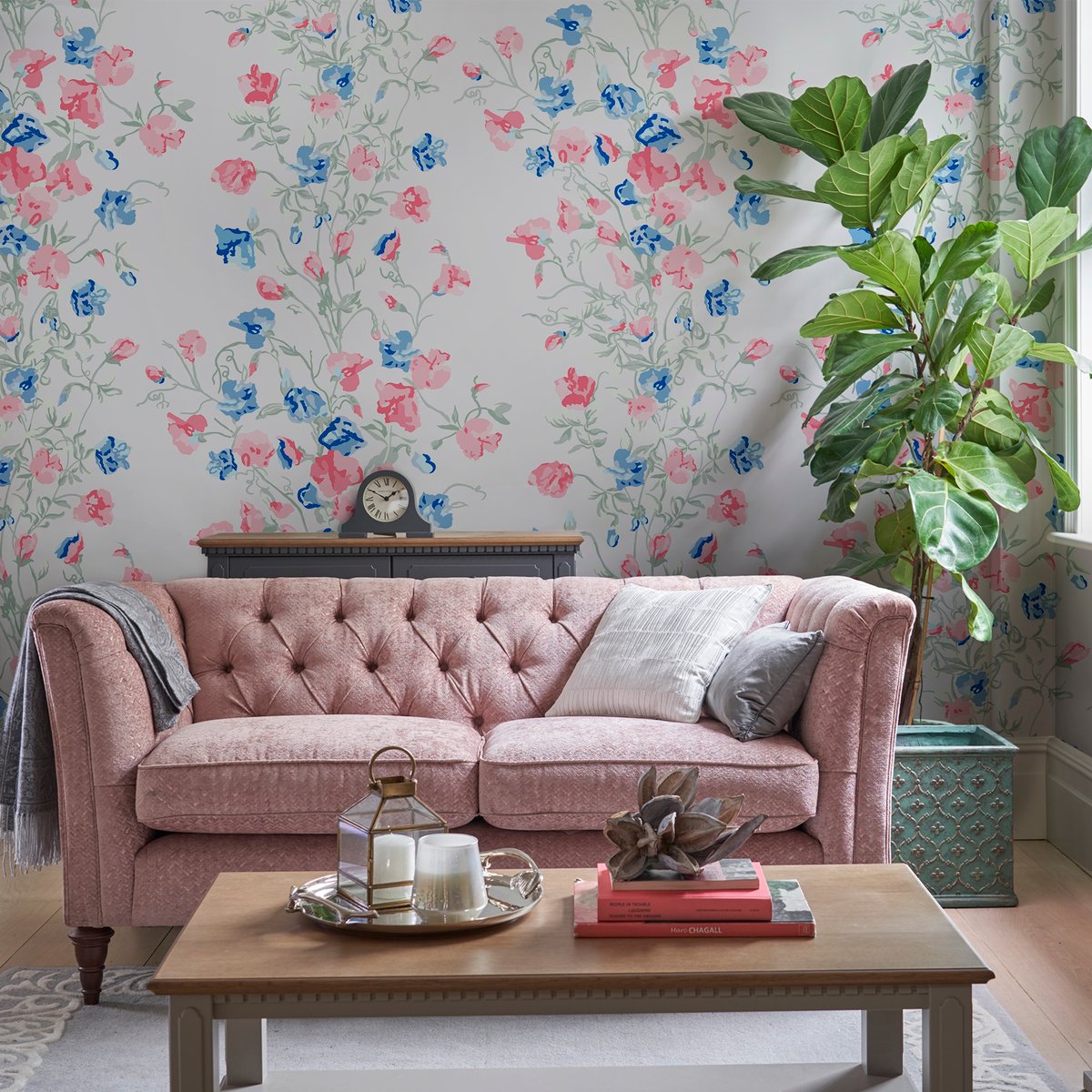 Papier peint Fleurs Charlotte rose, bleu, LAURA ASHLEY