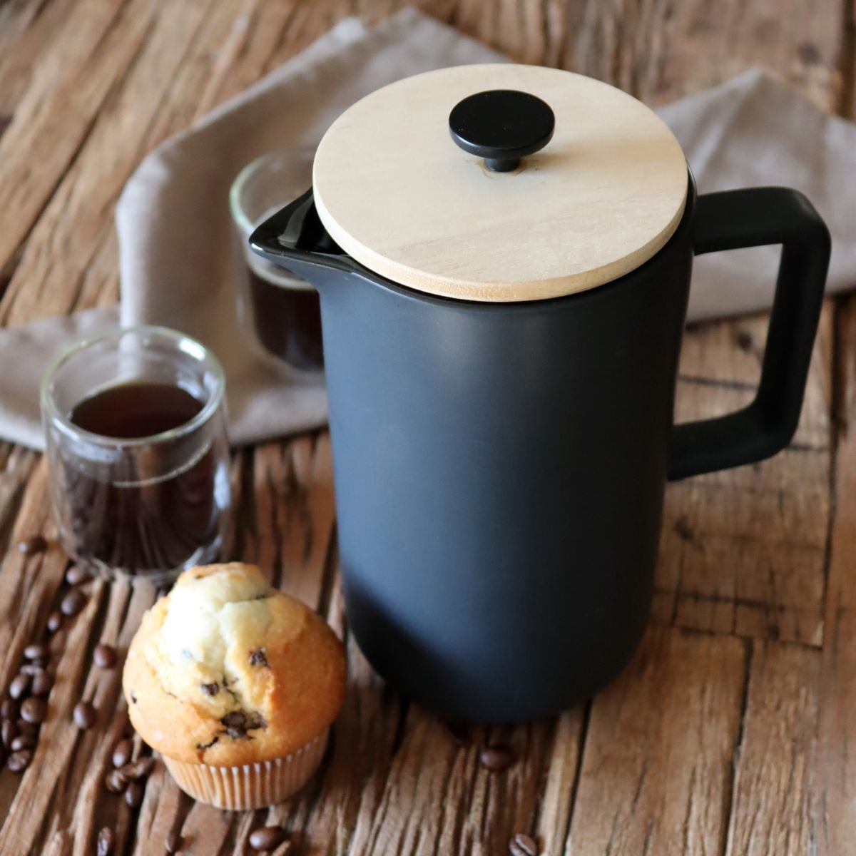 Cafetière à piston en porcelaine 1,3L, KEYGO inox-naturel-noir, OGO LIVING