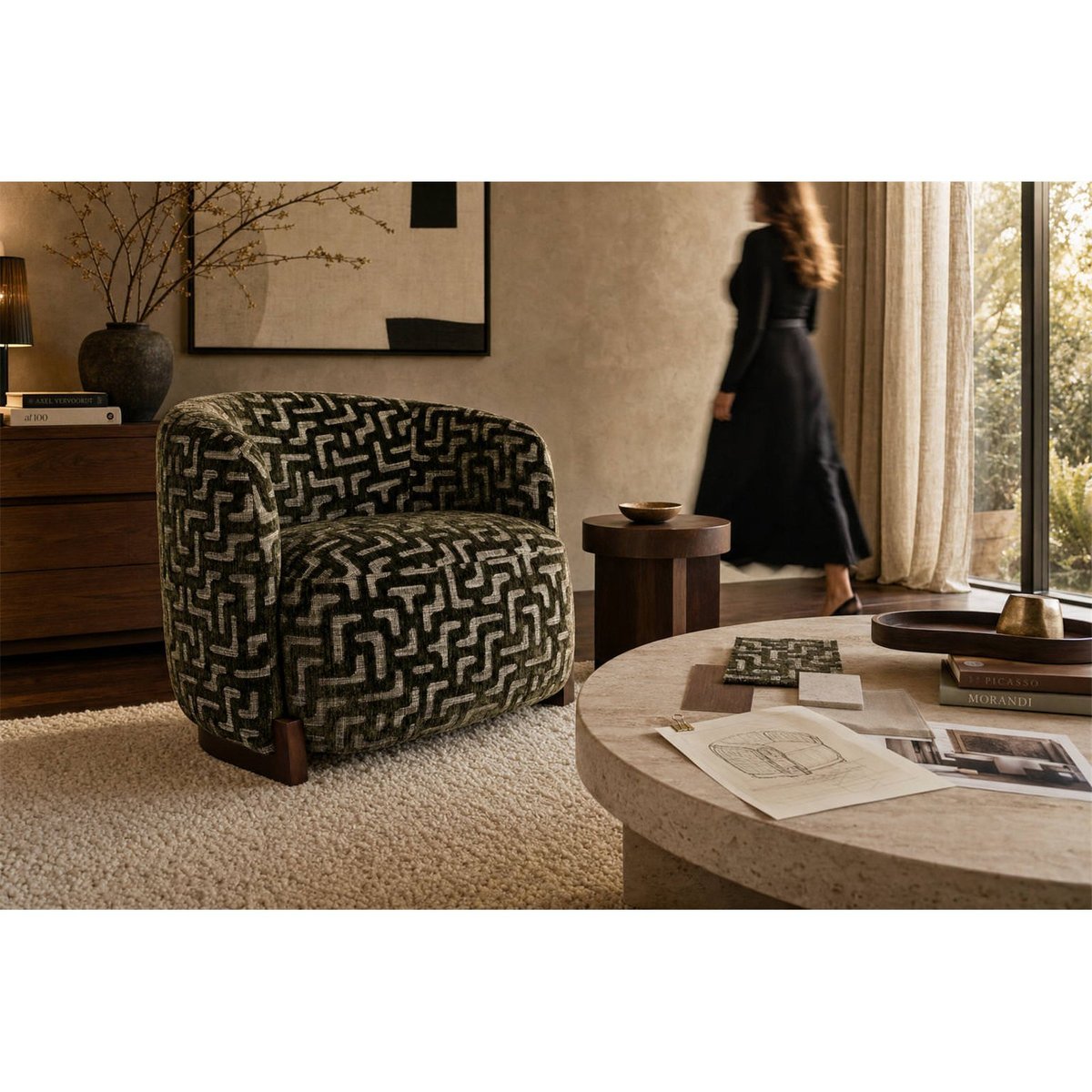 Fauteuil lounge motif géométrique mousse labyrinthe, RECOLLECTION