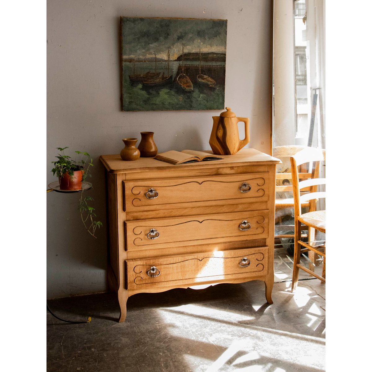 Commode élégante en bois brut Garance N°744 - Bon état bois clair, DEBONGOUT