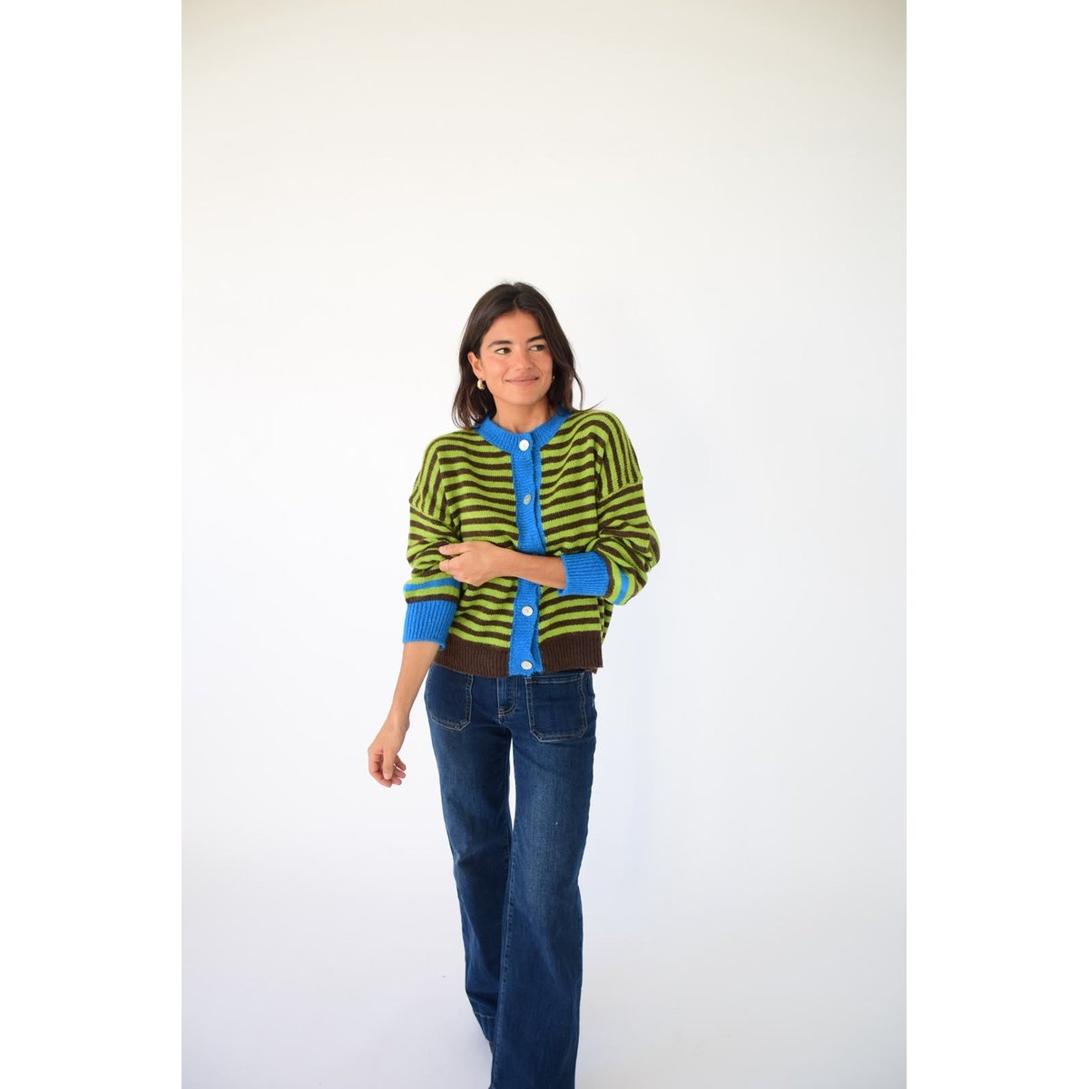 Gilet rayé en maille TESSA vert lime / marron, MINDTRAVELER