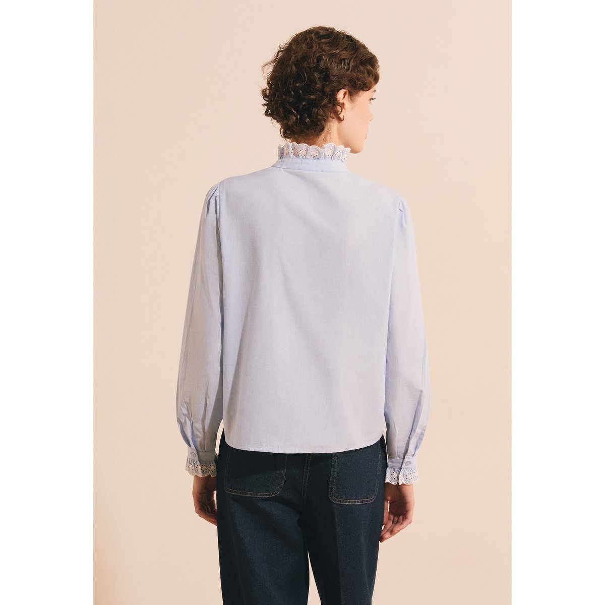 Chemise en coton avec broderie anglaise CARLY BROD bleu, ETAM