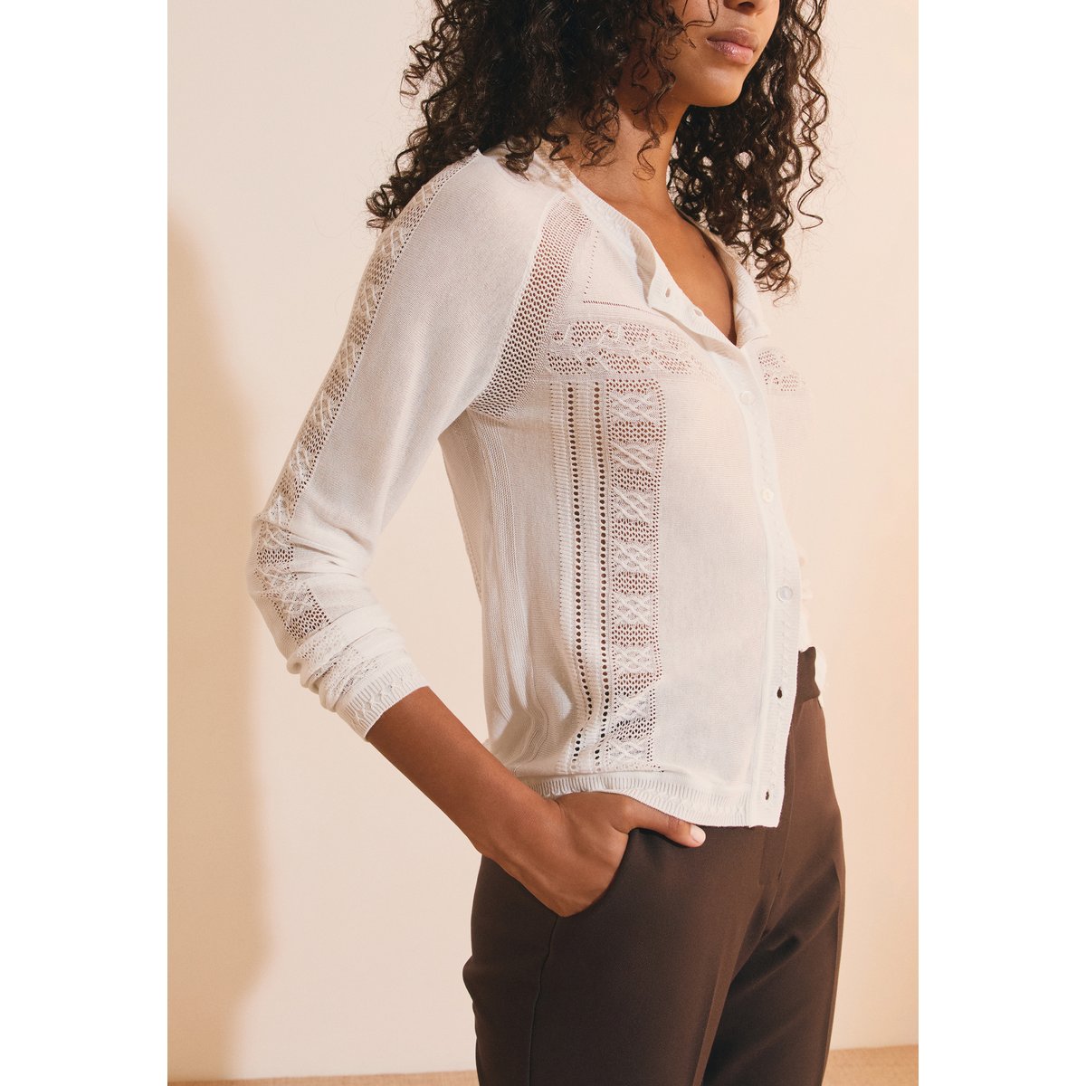 Cardigan fin à détails ajourés SUZANE CARDI ecru, ETAM