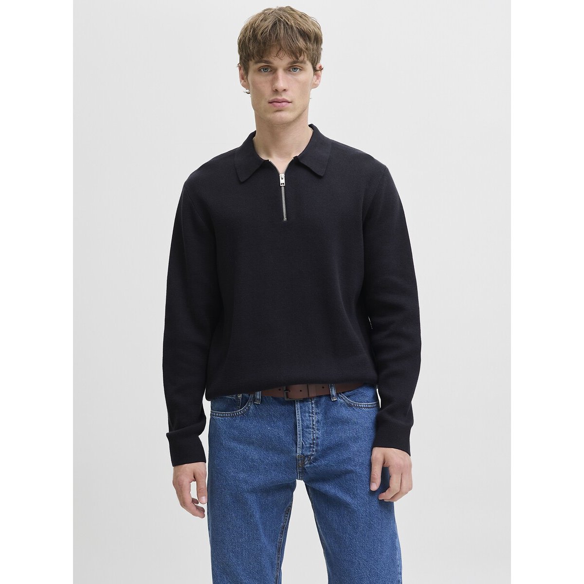 Pull collo a polo e mezza zip blu notte, JACK & JONES