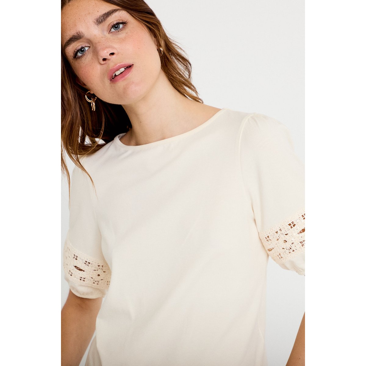 T-shirt col rond manches courtes ecru, CACHE CACHE