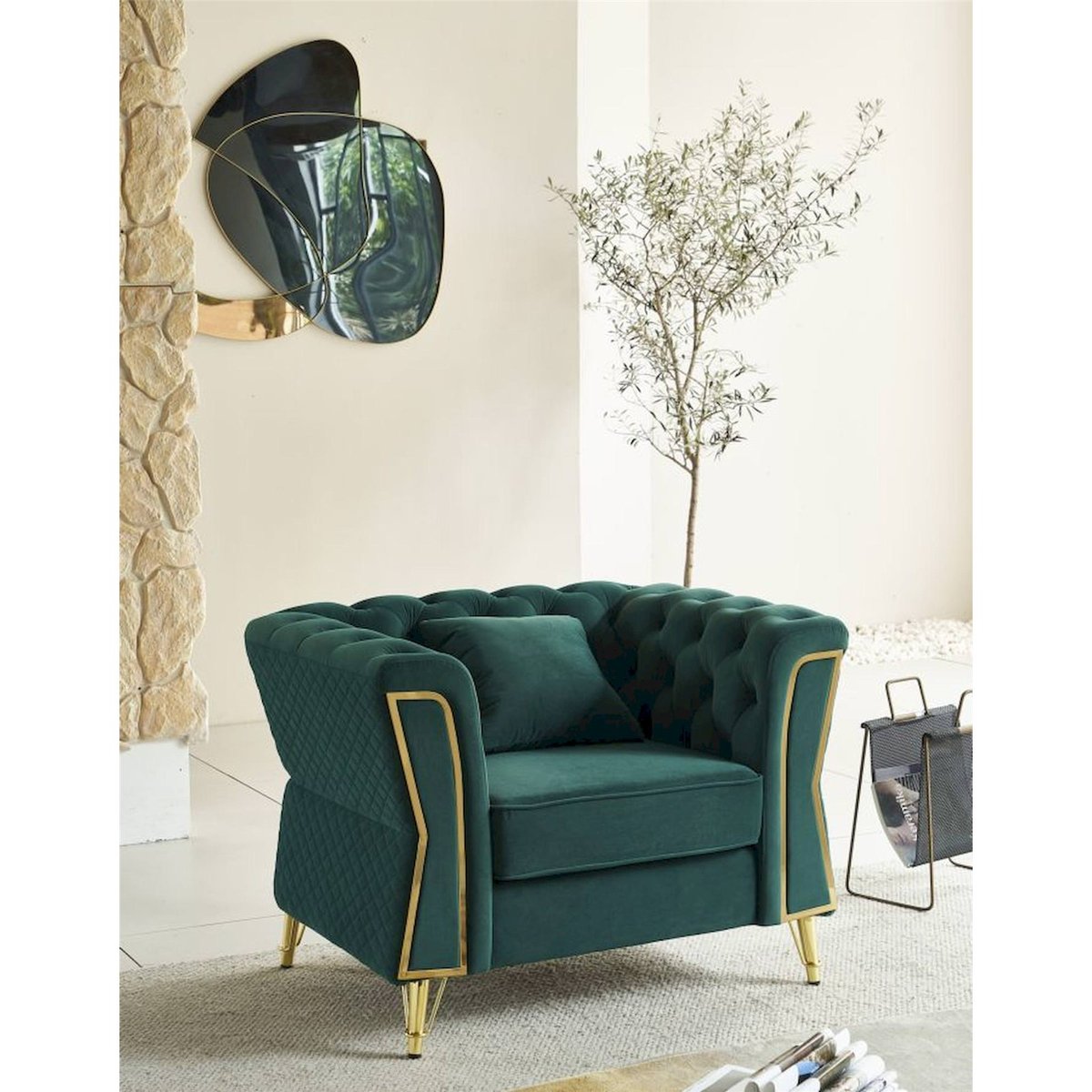 Fauteuil capitonné pieds en métal avec coussin vert et doré, RECOLLECTION