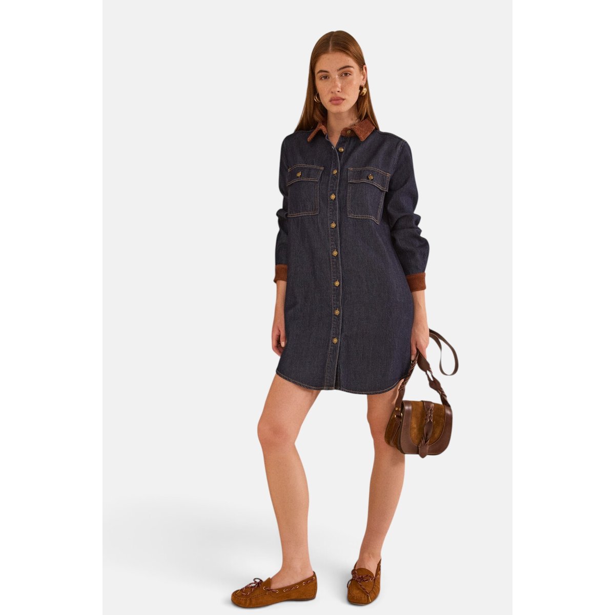 Robe droite en denim et velours côtelé PAULINA rinse, Maison 123