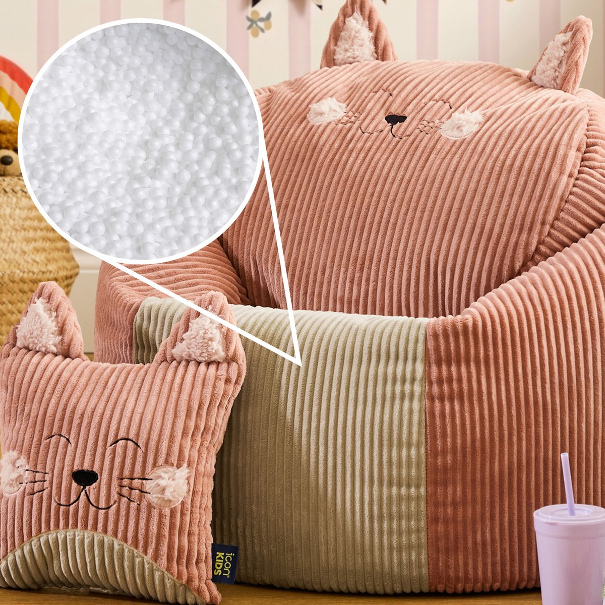 Pouf poire animal pour enfant avec coussin en velours côtelé Oeko-Tex® rose chat, ICON