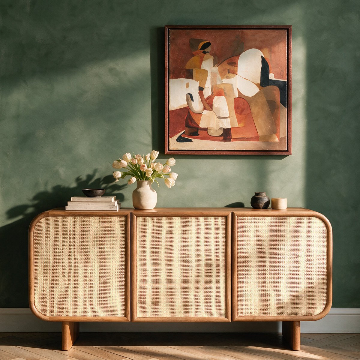 Buffet en bois de manguier et cannage - EZIO marron foncé, MAISON PAVANE