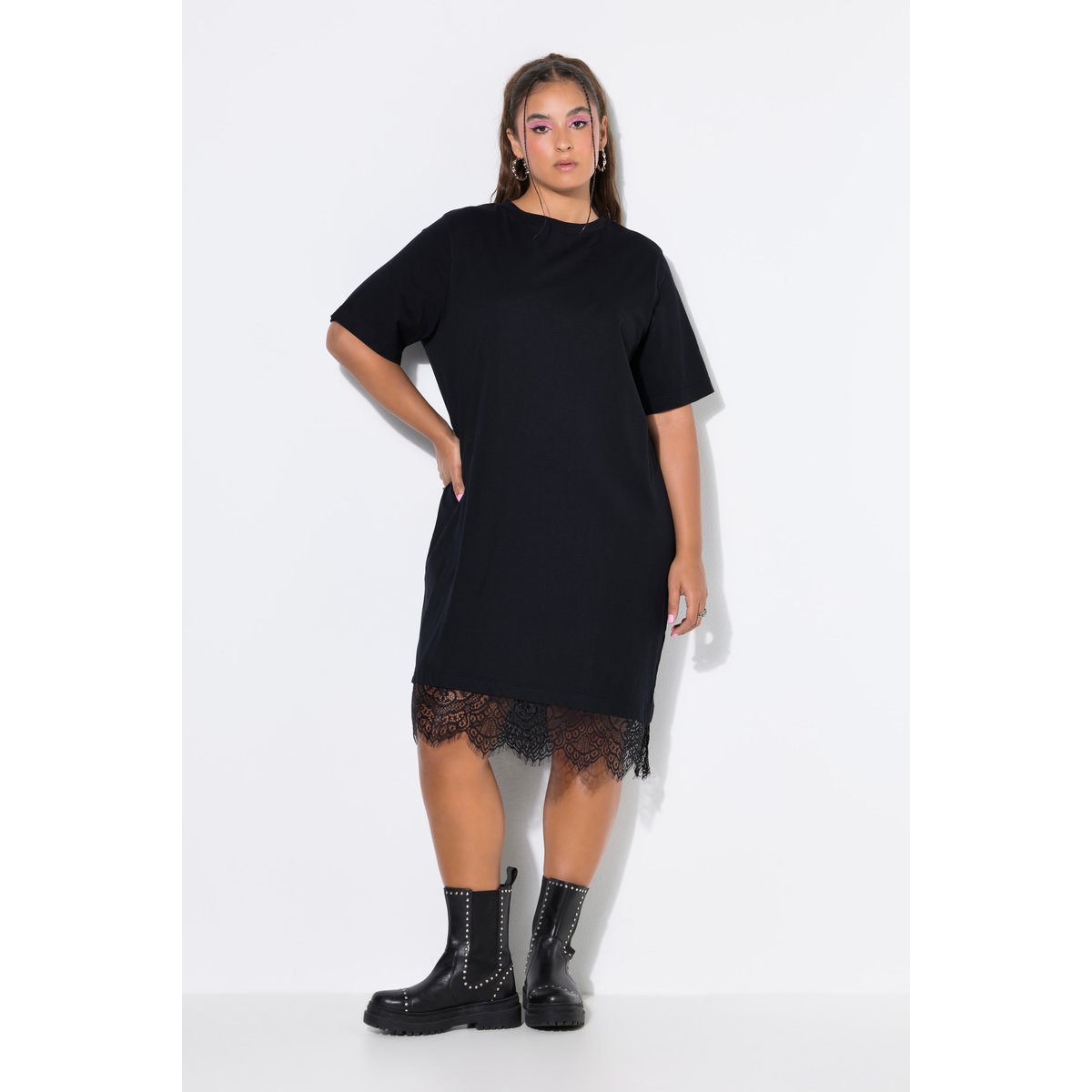 Robe chemise, ourlet en dentelle asymétrique noir, STUDIO UNTOLD