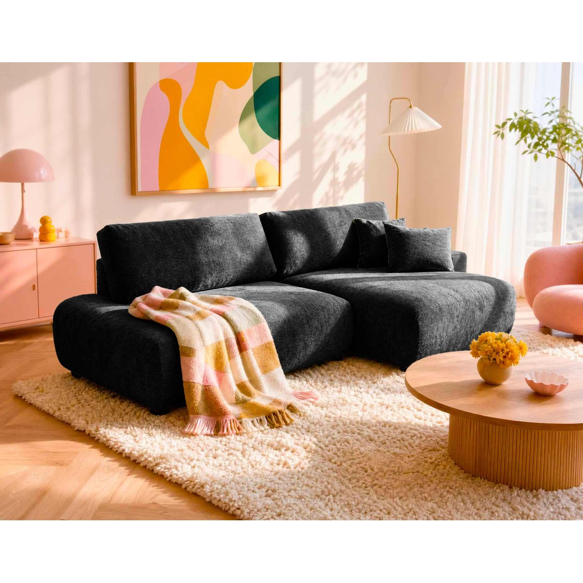 Canapé d'Angle Convertible en Tissu texturé 4 places - PIVOINE noir, BEST MOBILIER