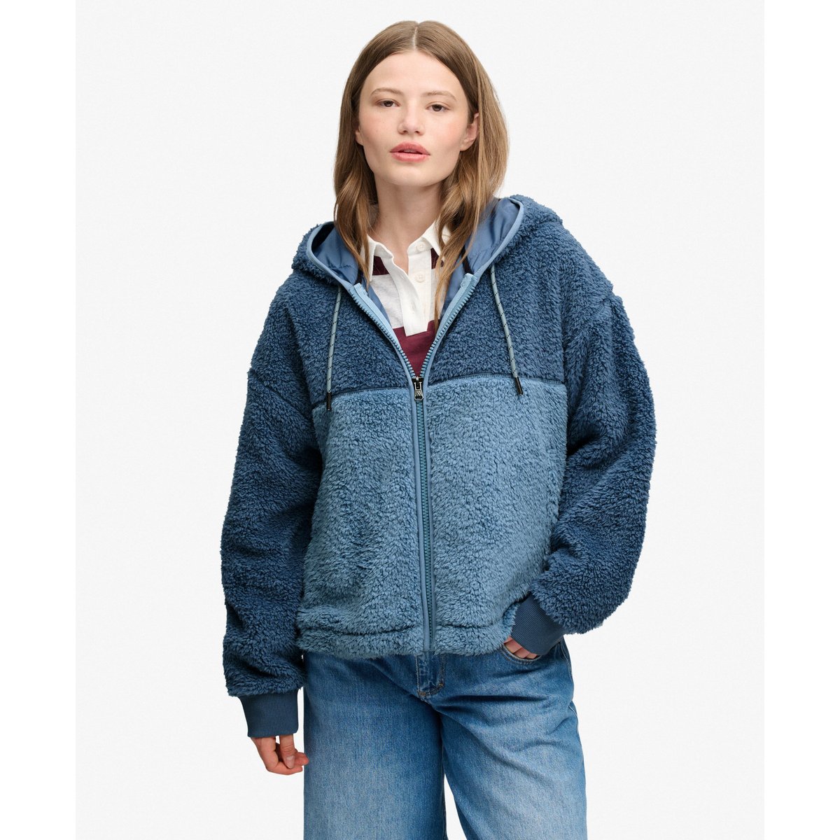 Sweat zippé à capuche Super Soft coupe décontractée denim délavé bl/bleu ardoise sec, SUPERDRY