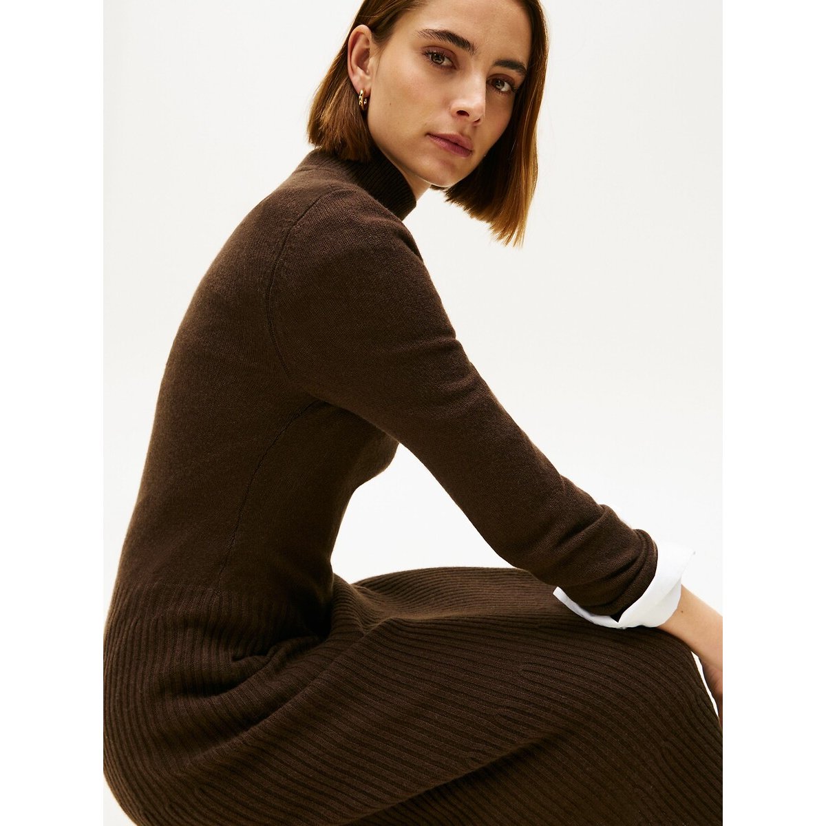 Abito longuette maniche lunghe in lana marrone, TOMMY HILFIGER