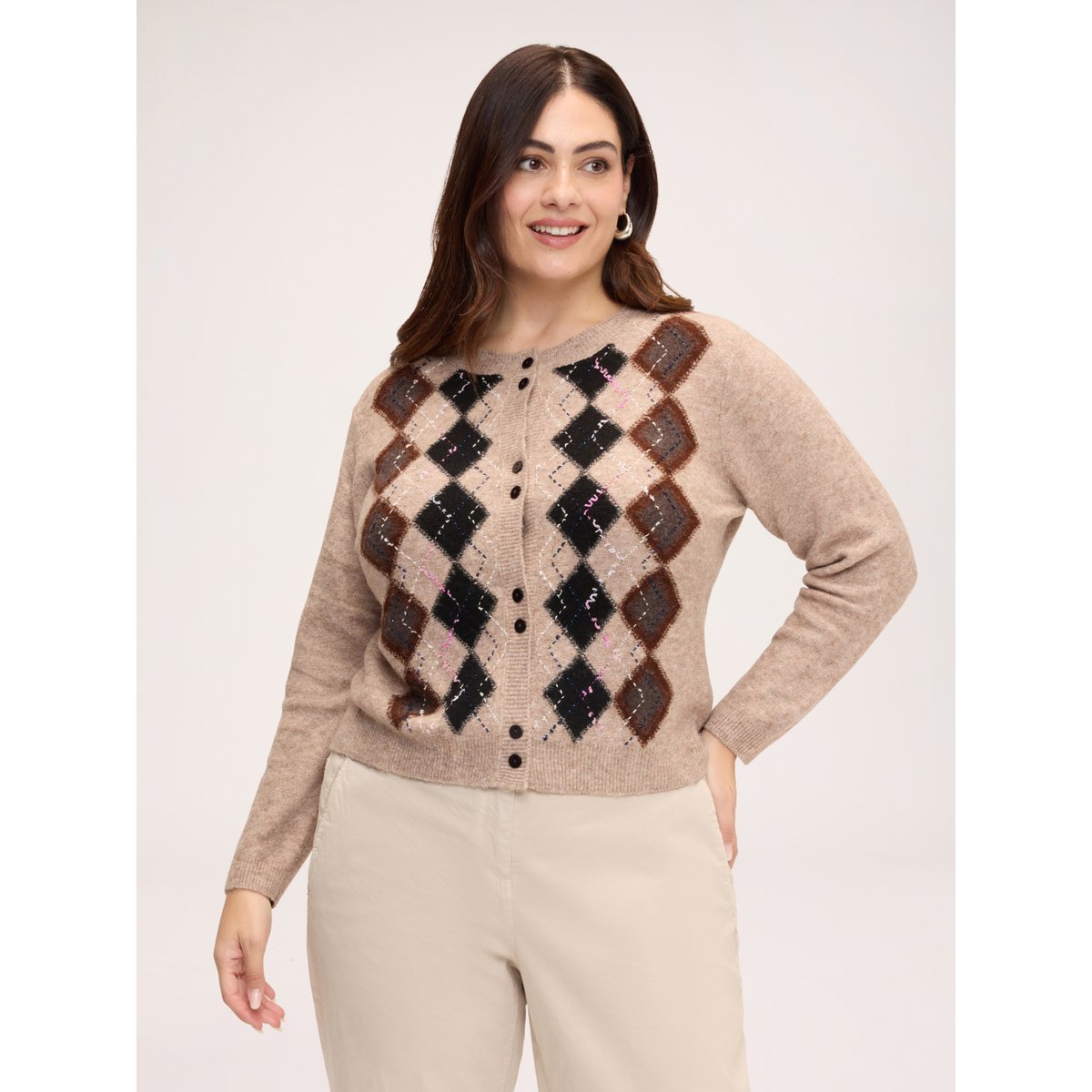 Cardigan à motif argyle marron, FIORELLA RUBINO