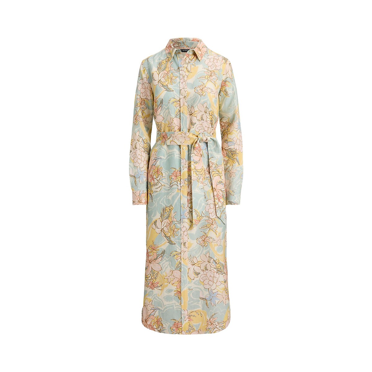 Vestido camisero de manga larga de lino con estampado de flores estampado crudo, LAUREN RALPH LAUREN