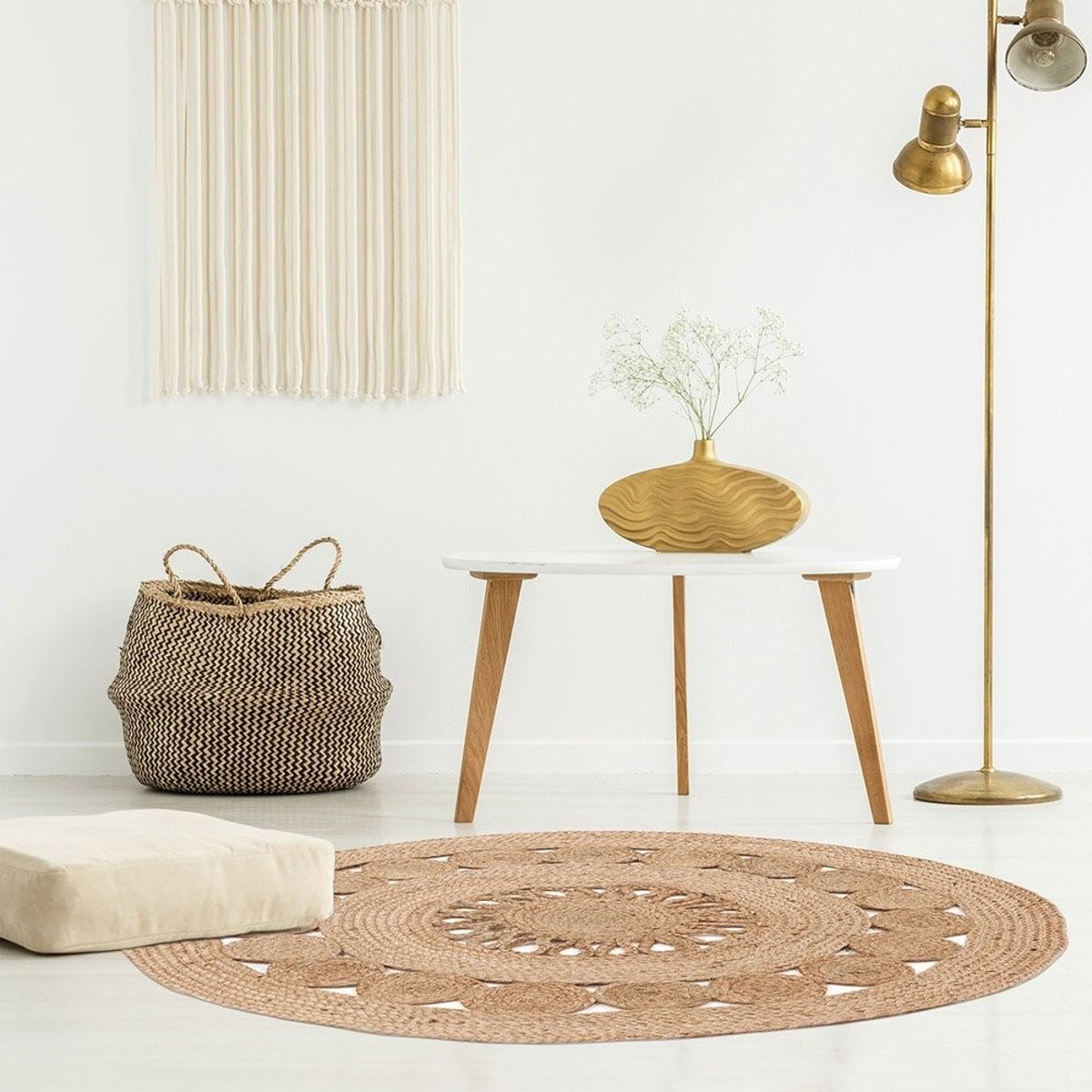 Tapis rond jute ajouré 90 beige, DECORATIE