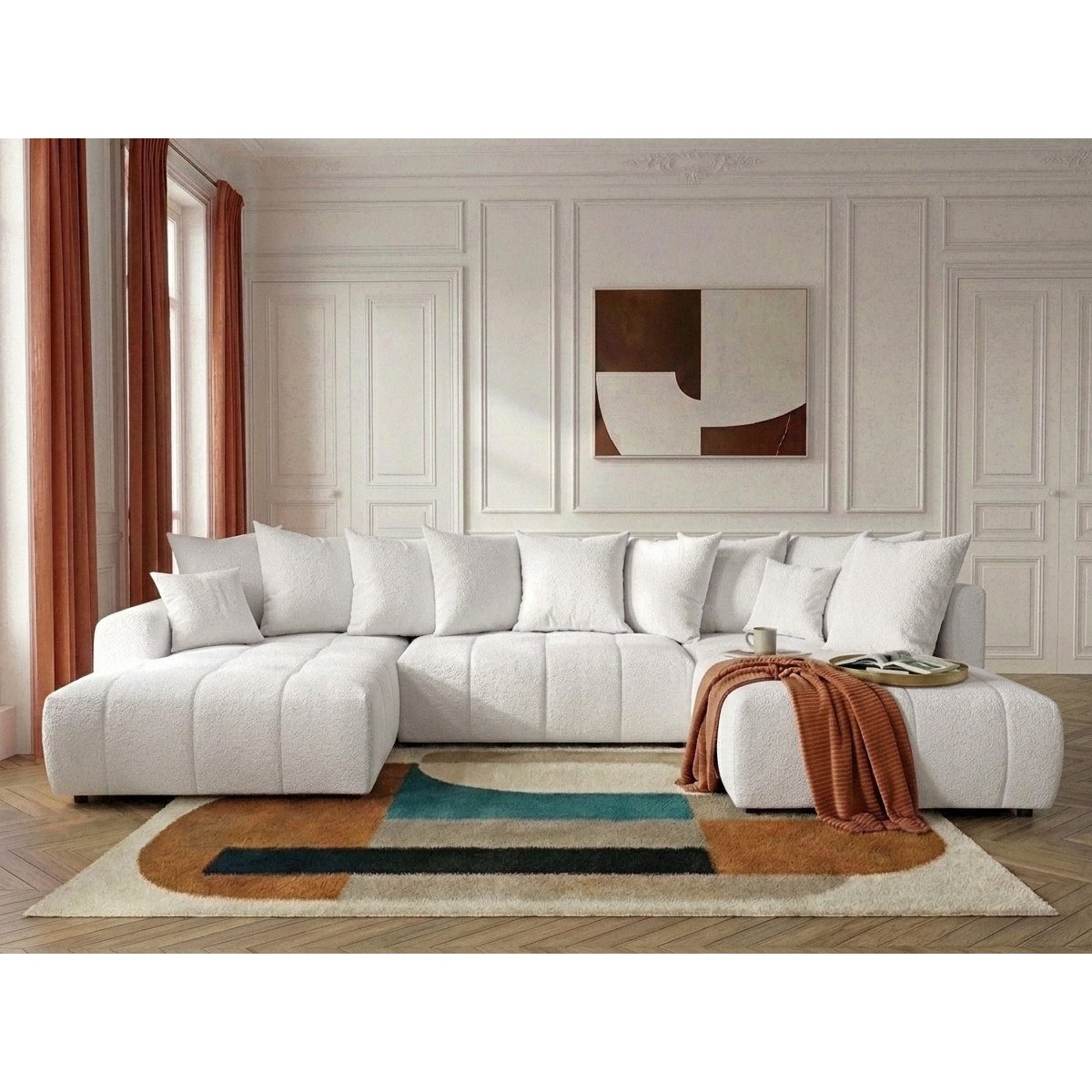 Canapé panoramique convertible 6 places en tissu bouclette, ROXELANE blanc, BOBOCHIC