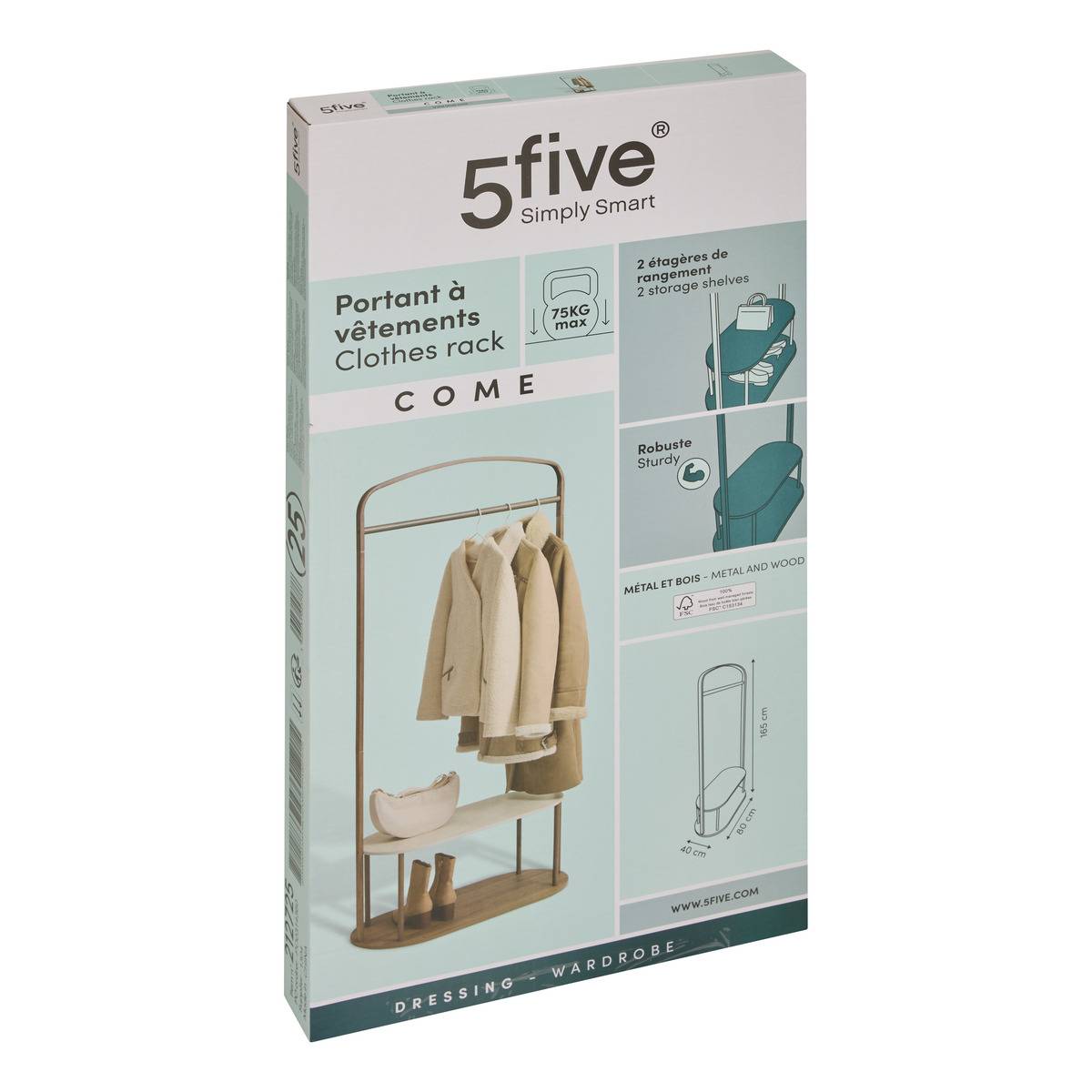 Portant à vêtements 2 étagères effet bois et marbre COME marron, 5FIVE SIMPLY SMART