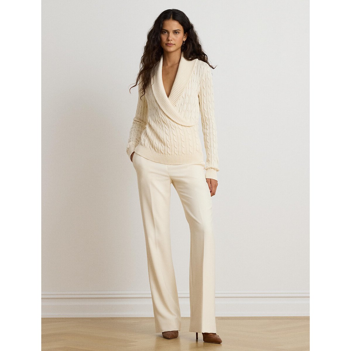 Pull croisé col V, torsadé crème, LAUREN RALPH LAUREN