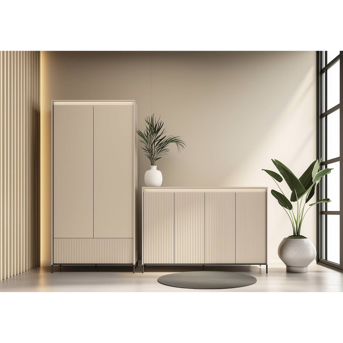 Buffet haut rainuré TREND avec éclairage LED beige sable et noir, RECOLLECTION