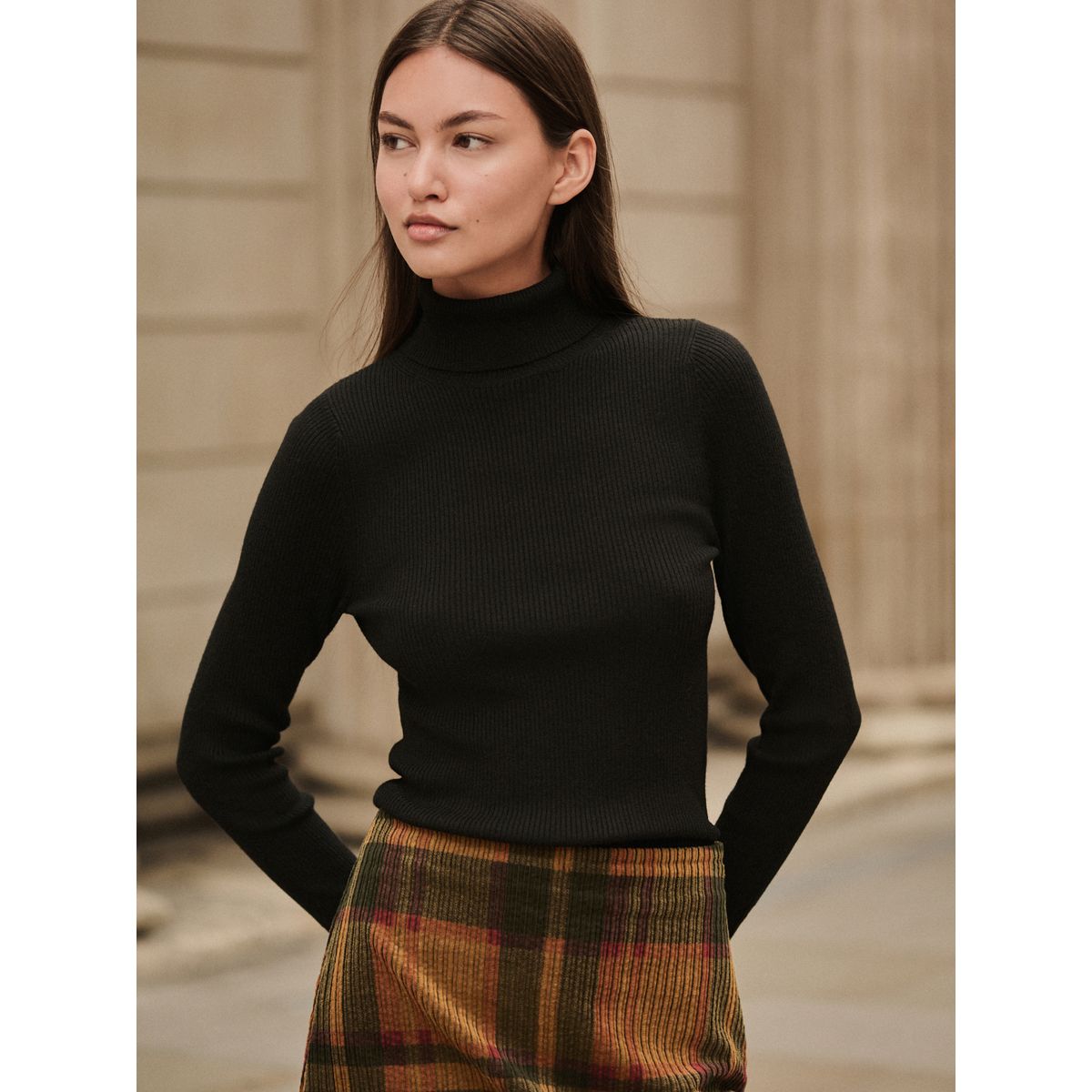 Pull côtelé à col roulé avec laine noir, NEXT