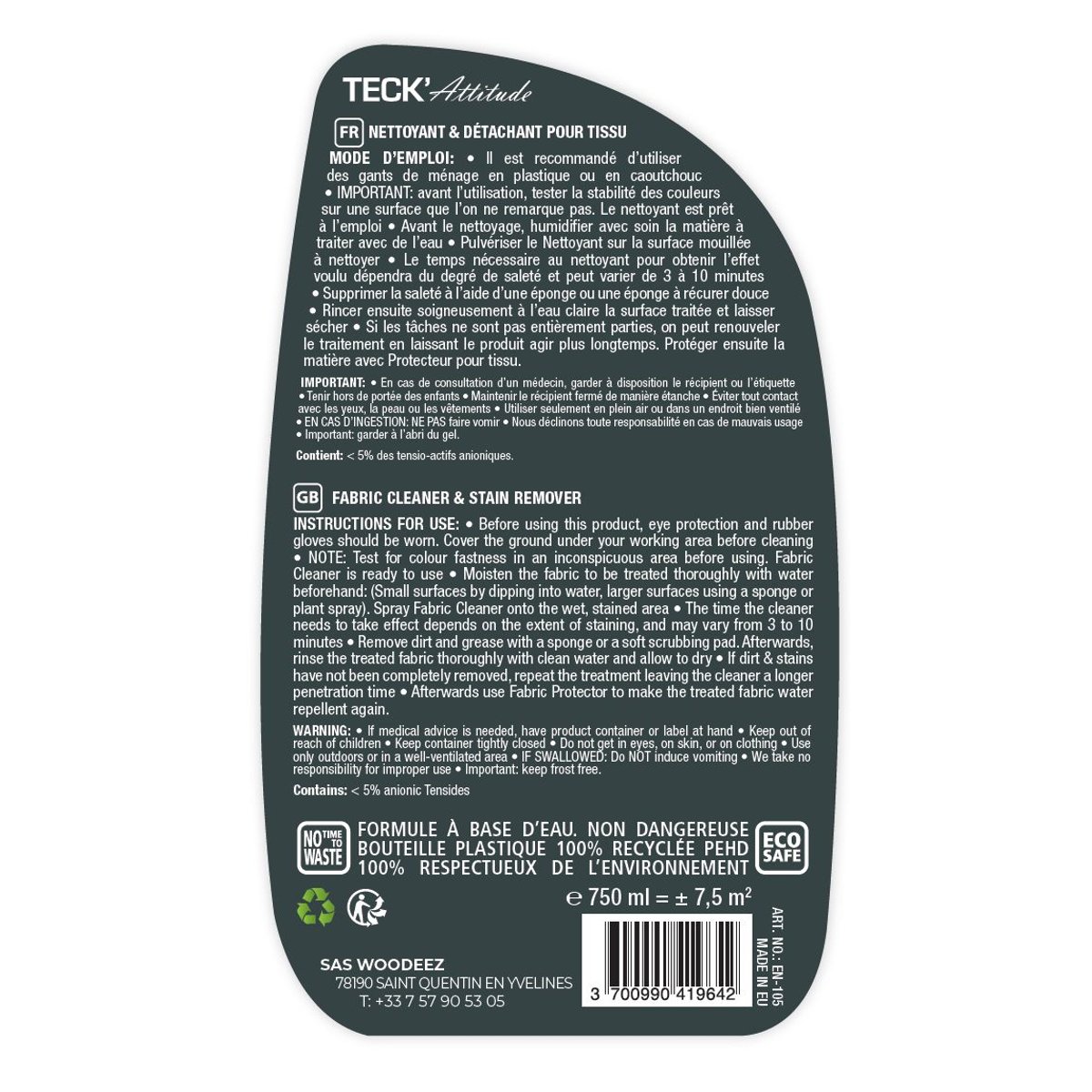 Nettoyant pour tissus 750 ml couleur unique, TECK ATTITUDE