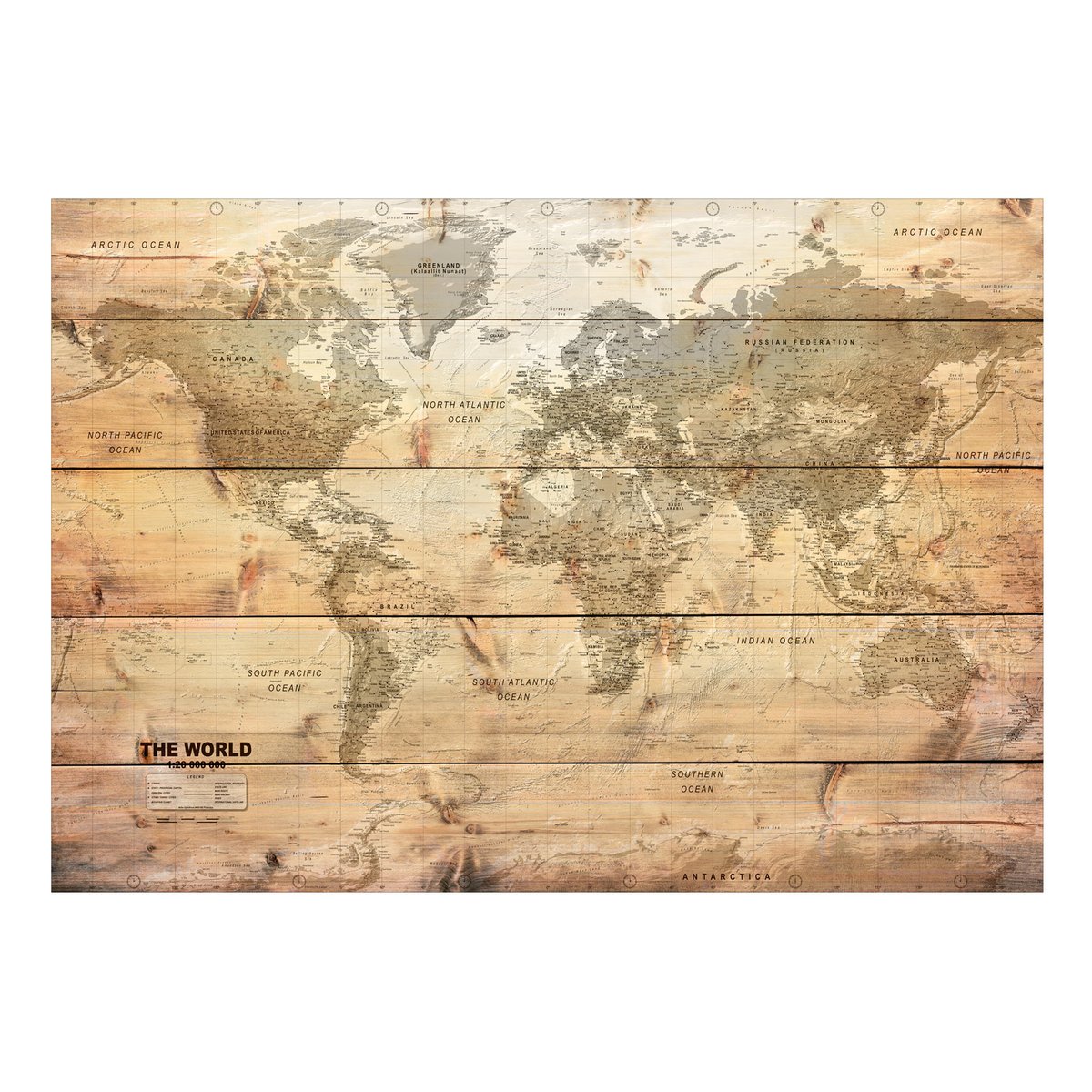 Papier peint intissé panoramique Carte du monde Map on Boards beige, EDEN