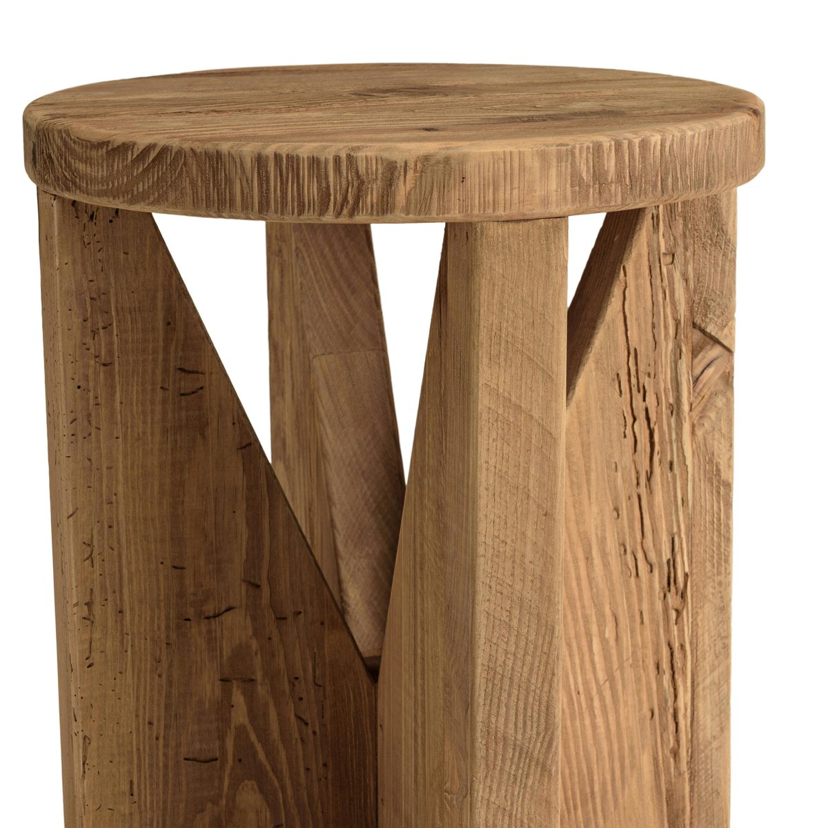 Bout de canapé rond pin recyclé pieds géométriques DENVER bois naturel, PIER IMPORT