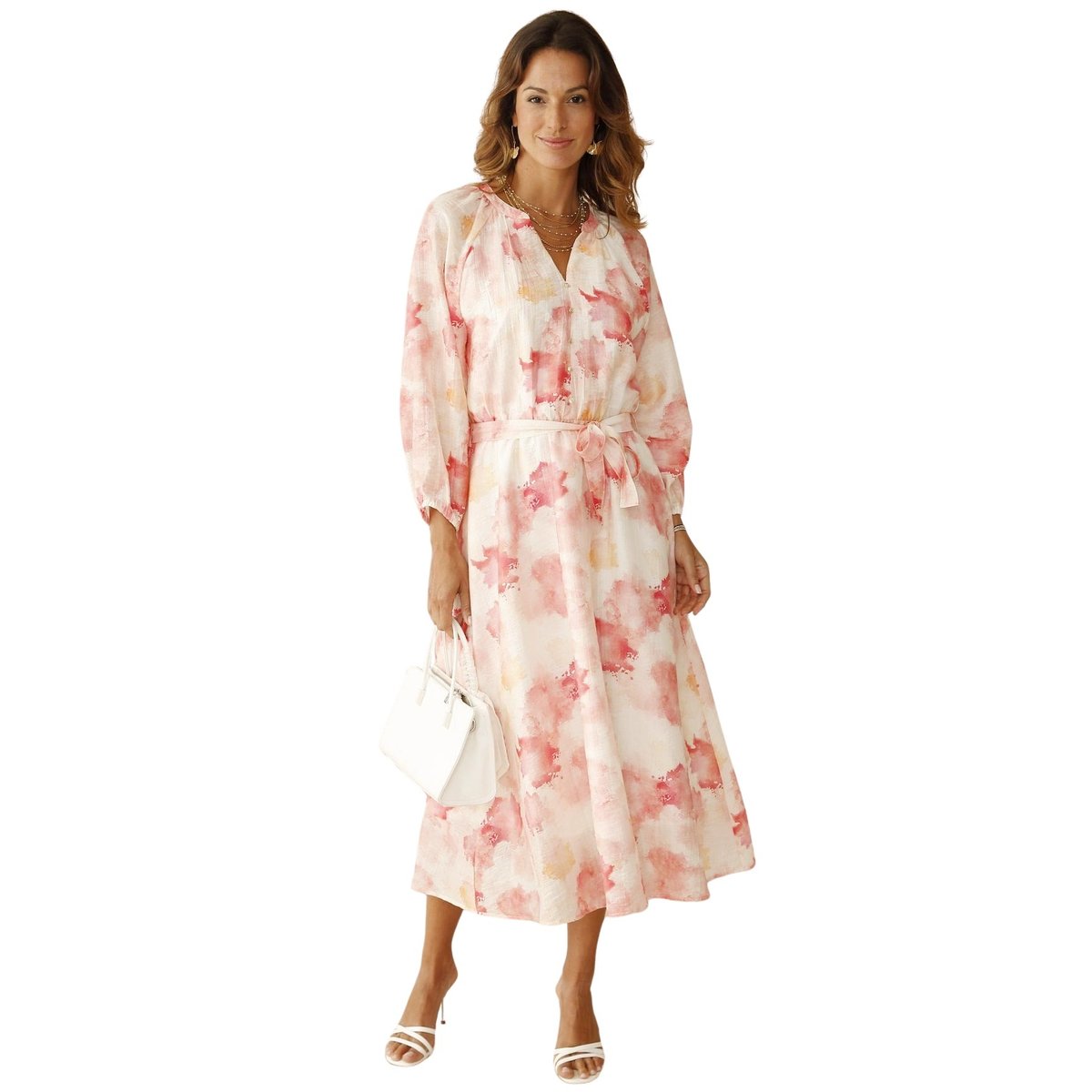 Robe longue taille élastiquée imprimé rose, DAXON