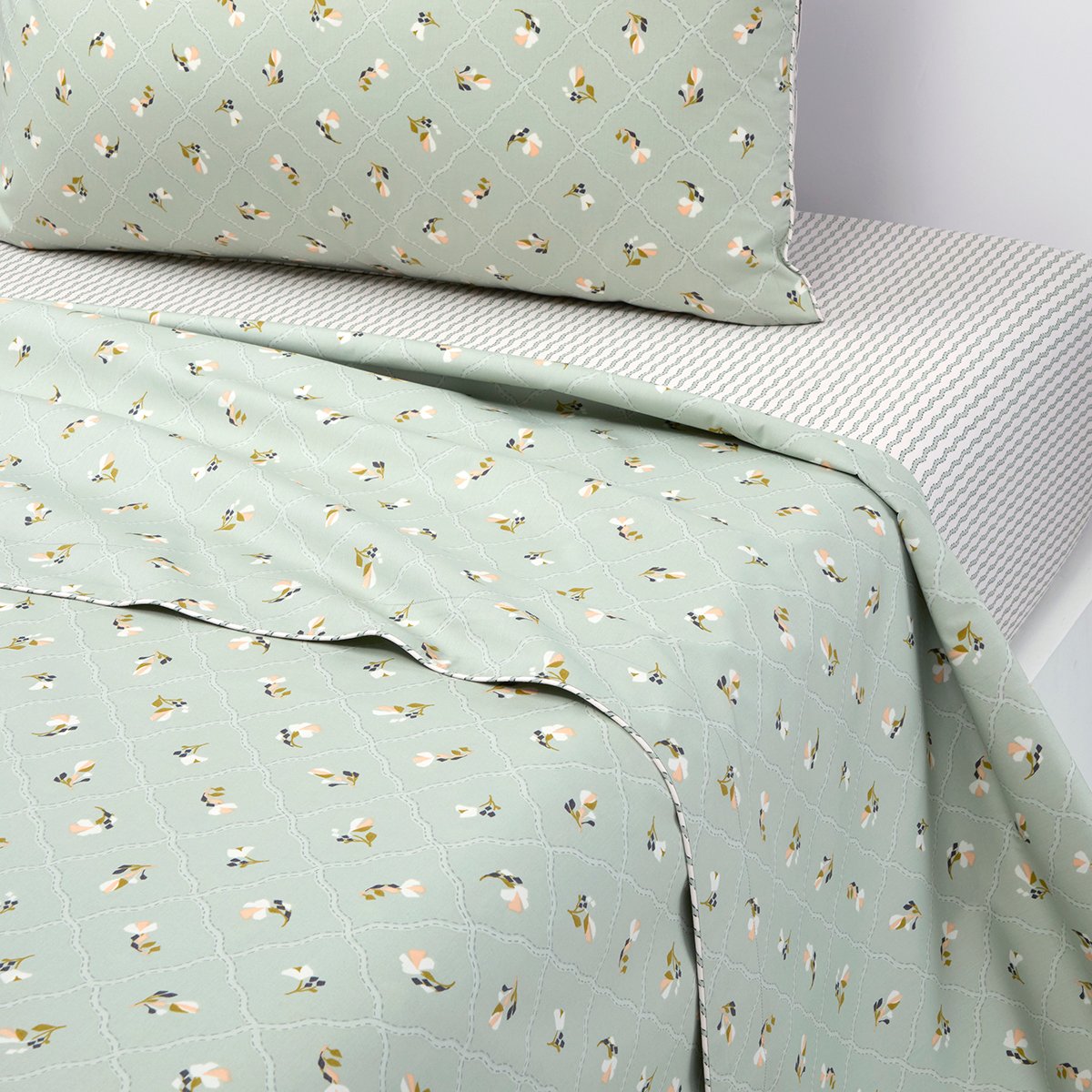 Drap plat en percale de coton vert, BERGAMOTE multicolore, DESFORGES