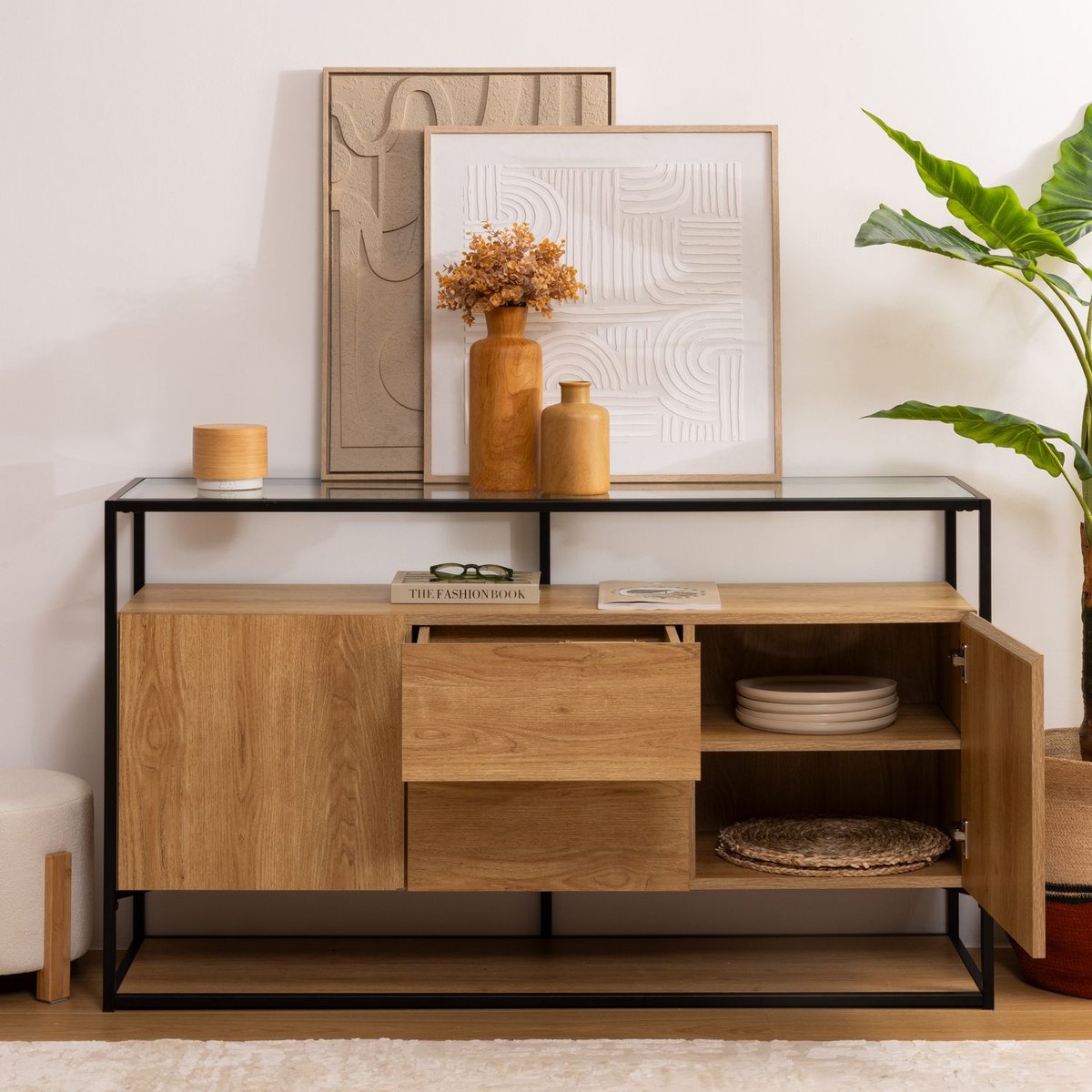 Buffet 2 portes et 2 tiroirs effet bois et verre ALDEA beige, ATMOSPHERA