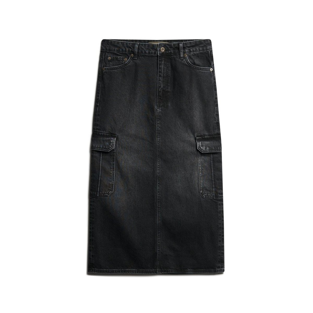 Jupe mi-longue en denim à poches cargo denim noir, SUPERDRY
