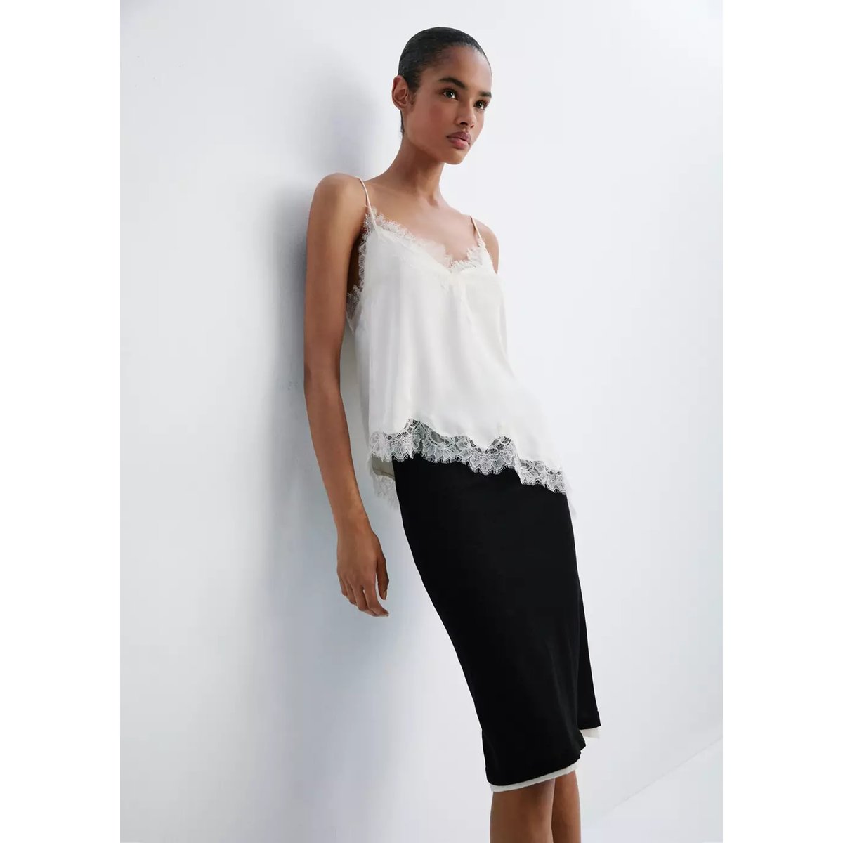 Jupe midi combinée noir, MANGO
