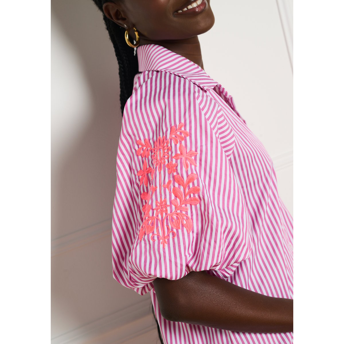 Robe chemise rayée manches brodées rose, LOLALIZA
