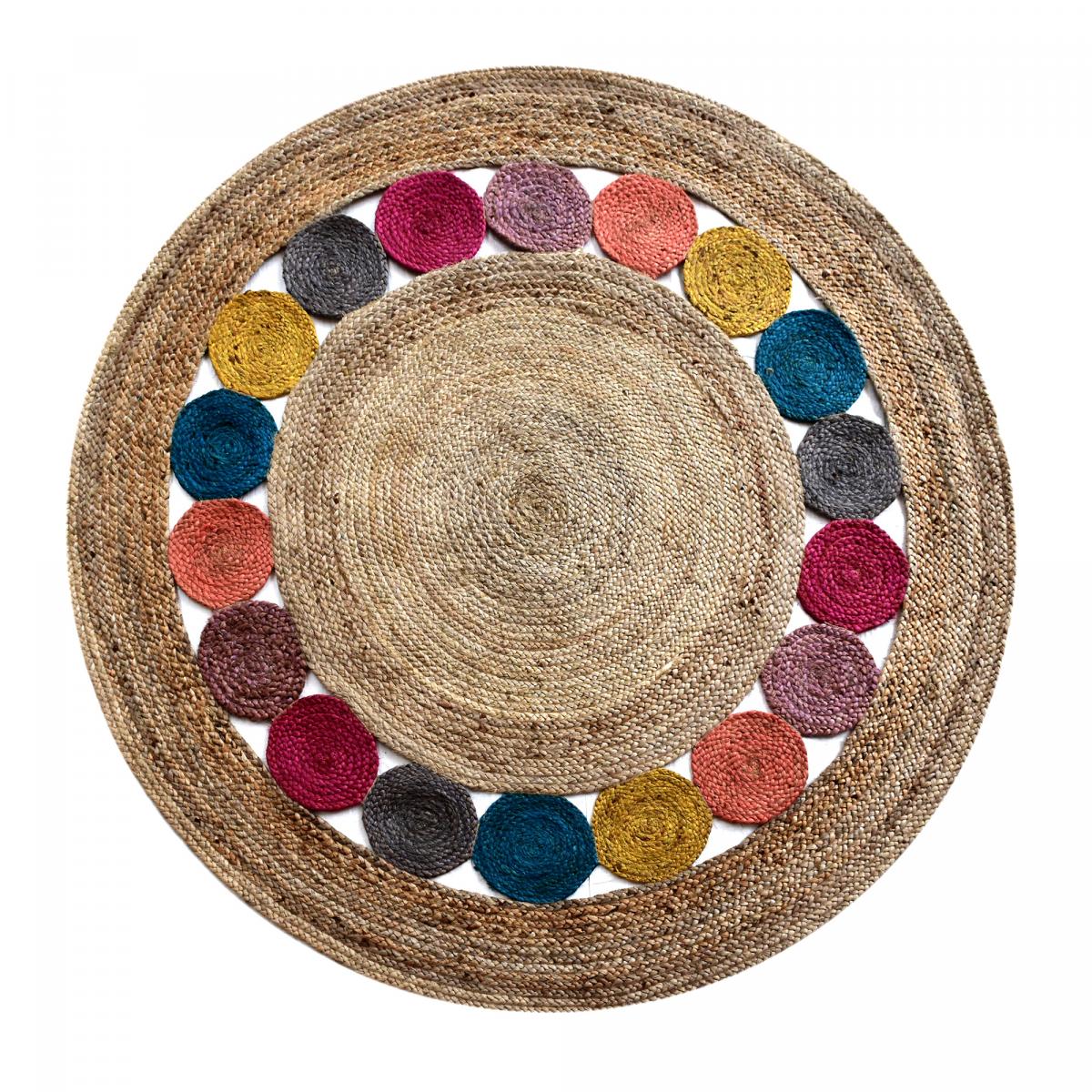 Tapis rond fait à la main en jute motif géométrique RONDA multicolore, UN AMOUR DE TAPIS